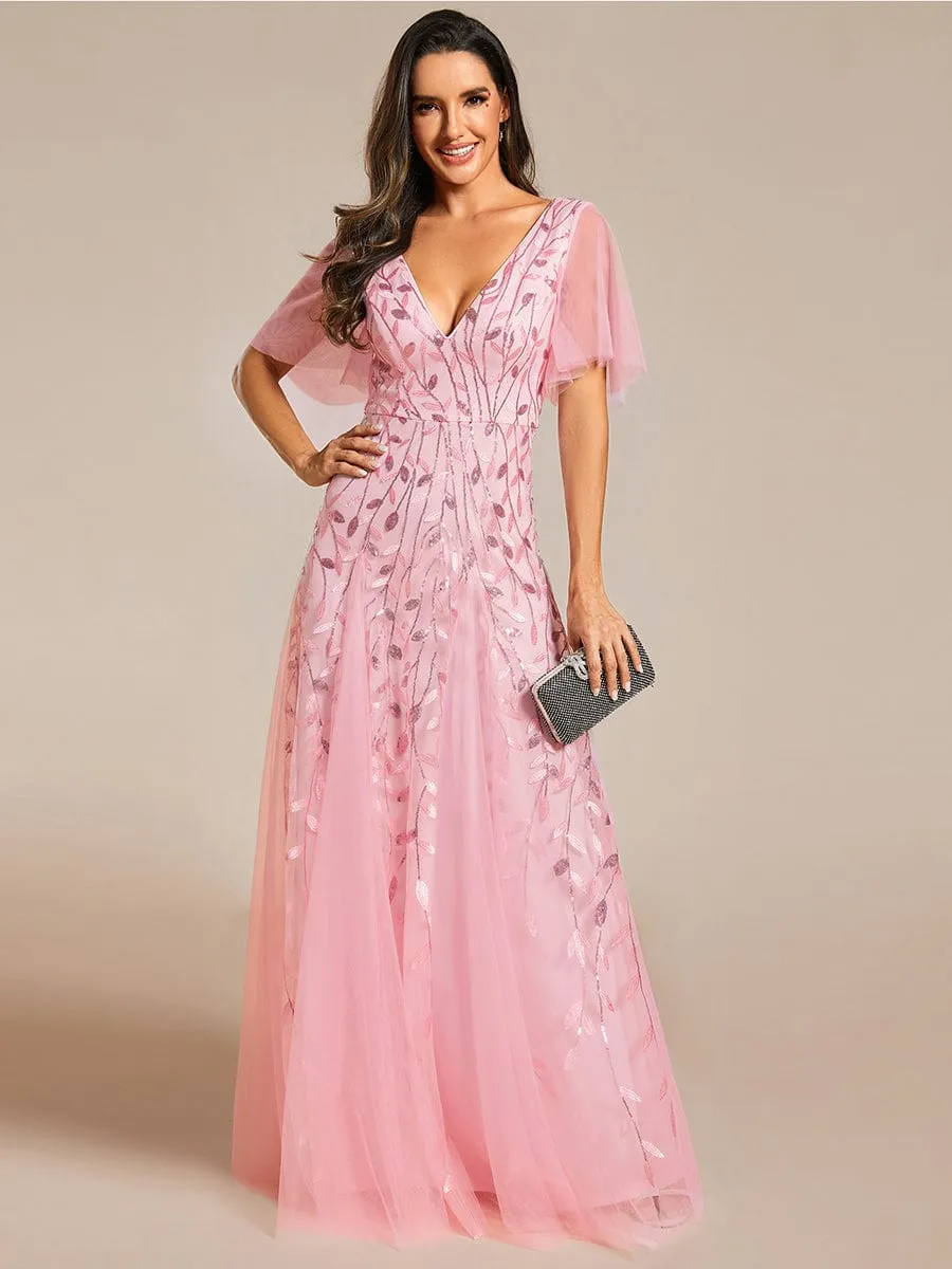 Ruffle Sleeves Leaf Sequin Maxi Bridesmaid Dress