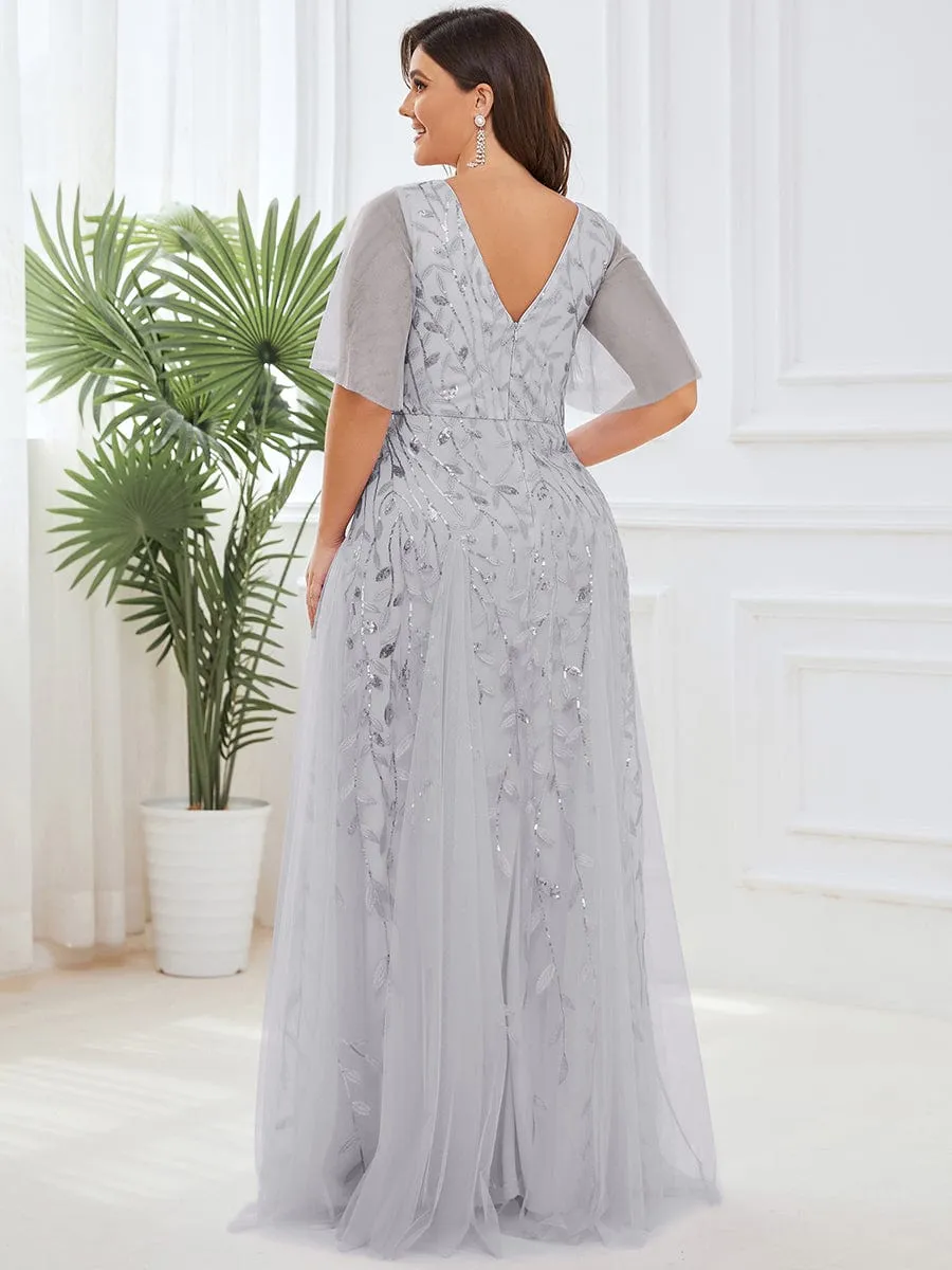 Ruffle Sleeves Leaf Sequin Maxi Bridesmaid Dress