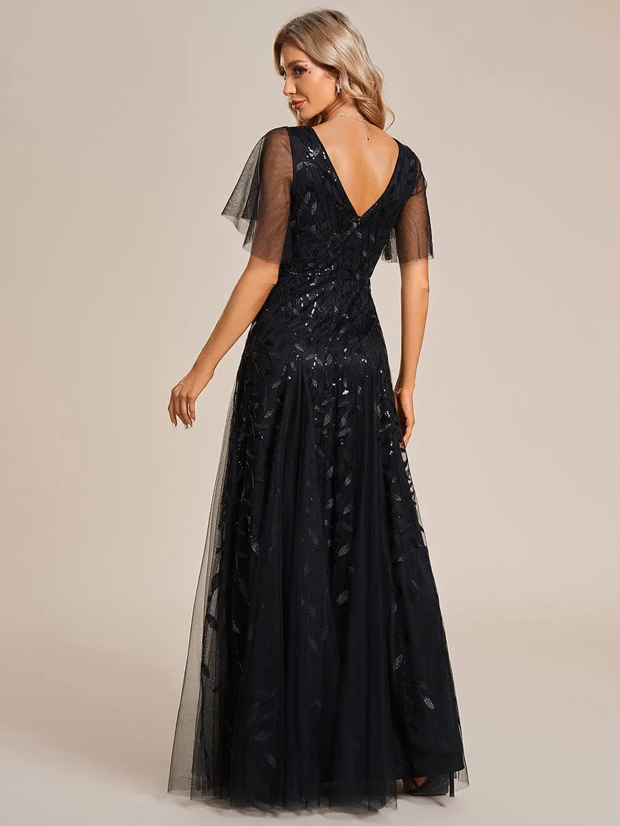 Ruffle Sleeves Leaf Sequin Maxi Bridesmaid Dress