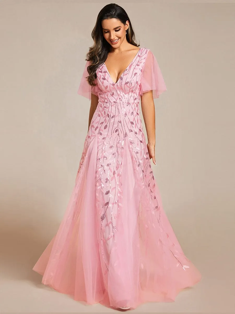 Ruffle Sleeves Leaf Sequin Maxi Bridesmaid Dress