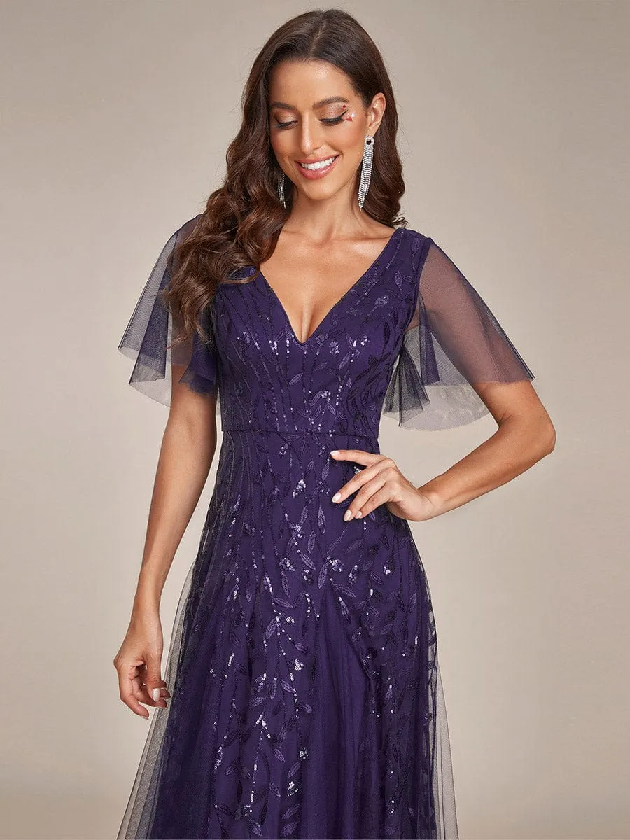 Ruffle Sleeves Leaf Sequin Maxi Bridesmaid Dress