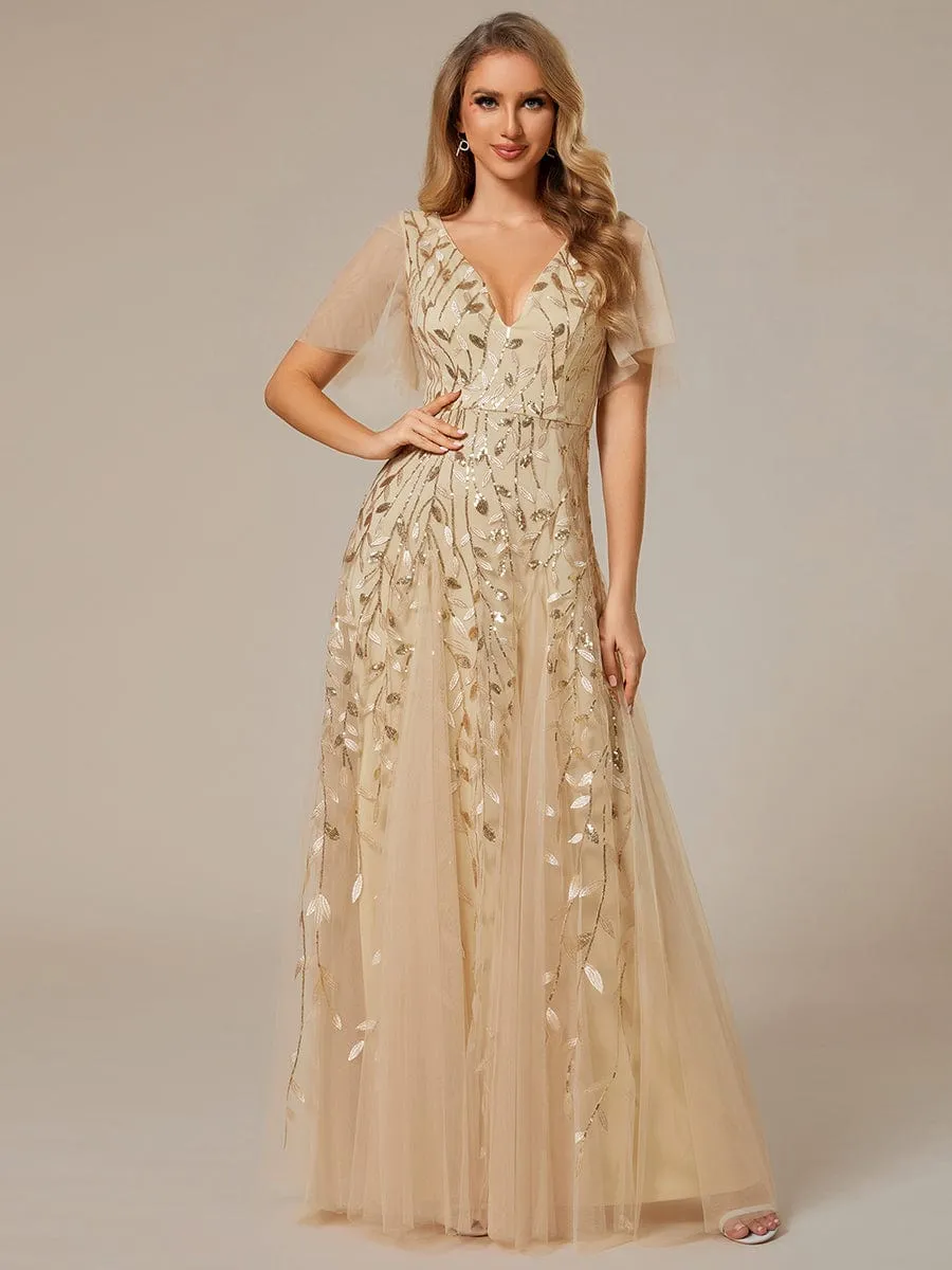 Ruffle Sleeves Leaf Sequin Maxi Bridesmaid Dress