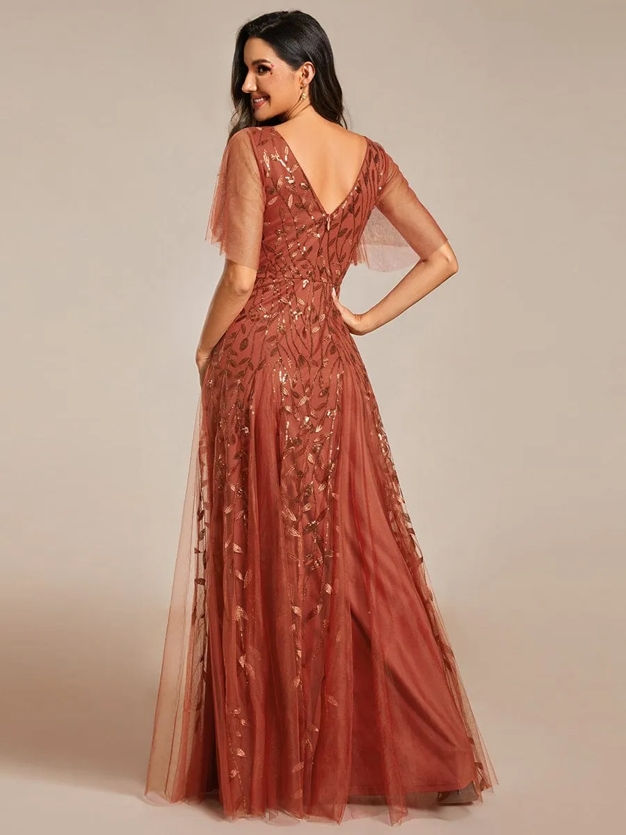 Ruffle Sleeves Leaf Sequin Maxi Bridesmaid Dress