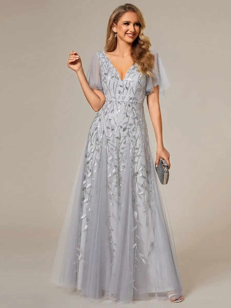 Ruffle Sleeves Leaf Sequin Maxi Bridesmaid Dress