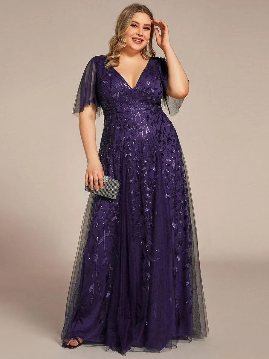 Ruffle Sleeves Leaf Sequin Maxi Bridesmaid Dress