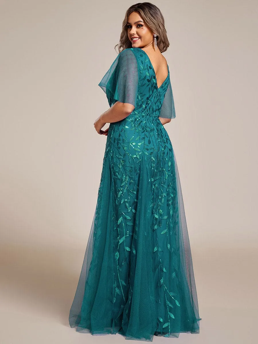 Ruffle Sleeves Leaf Sequin Maxi Bridesmaid Dress