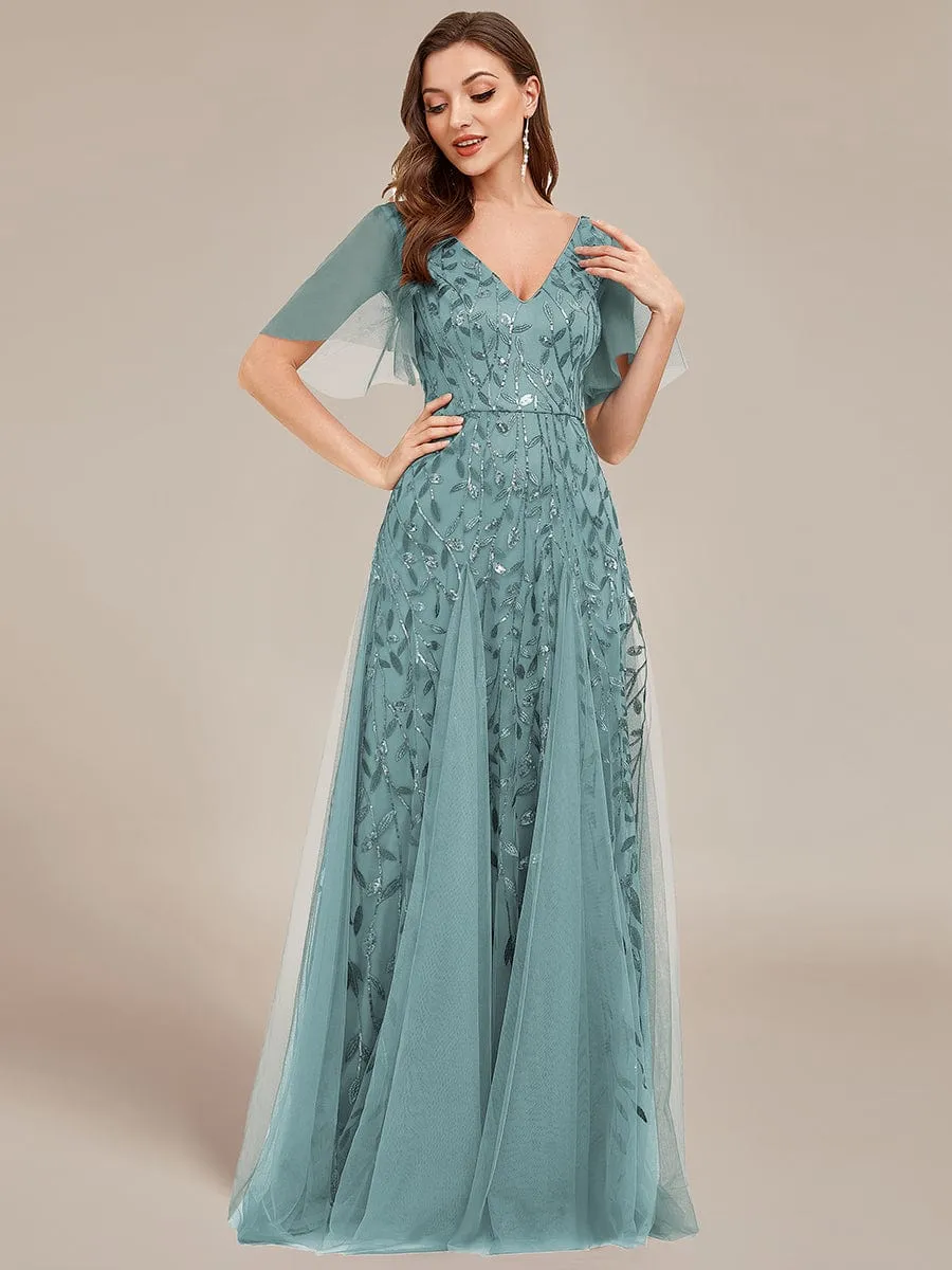 Ruffle Sleeves Leaf Sequin Maxi Bridesmaid Dress