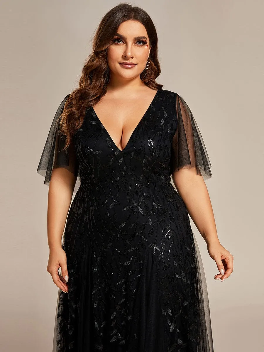 Ruffle Sleeves Leaf Sequin Maxi Bridesmaid Dress