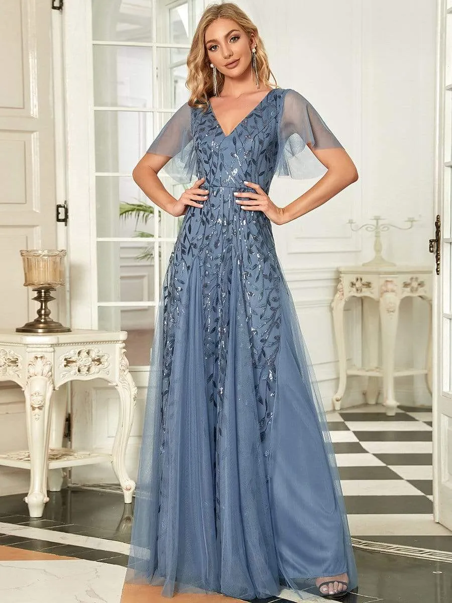 Ruffle Sleeves Leaf Sequin Maxi Bridesmaid Dress