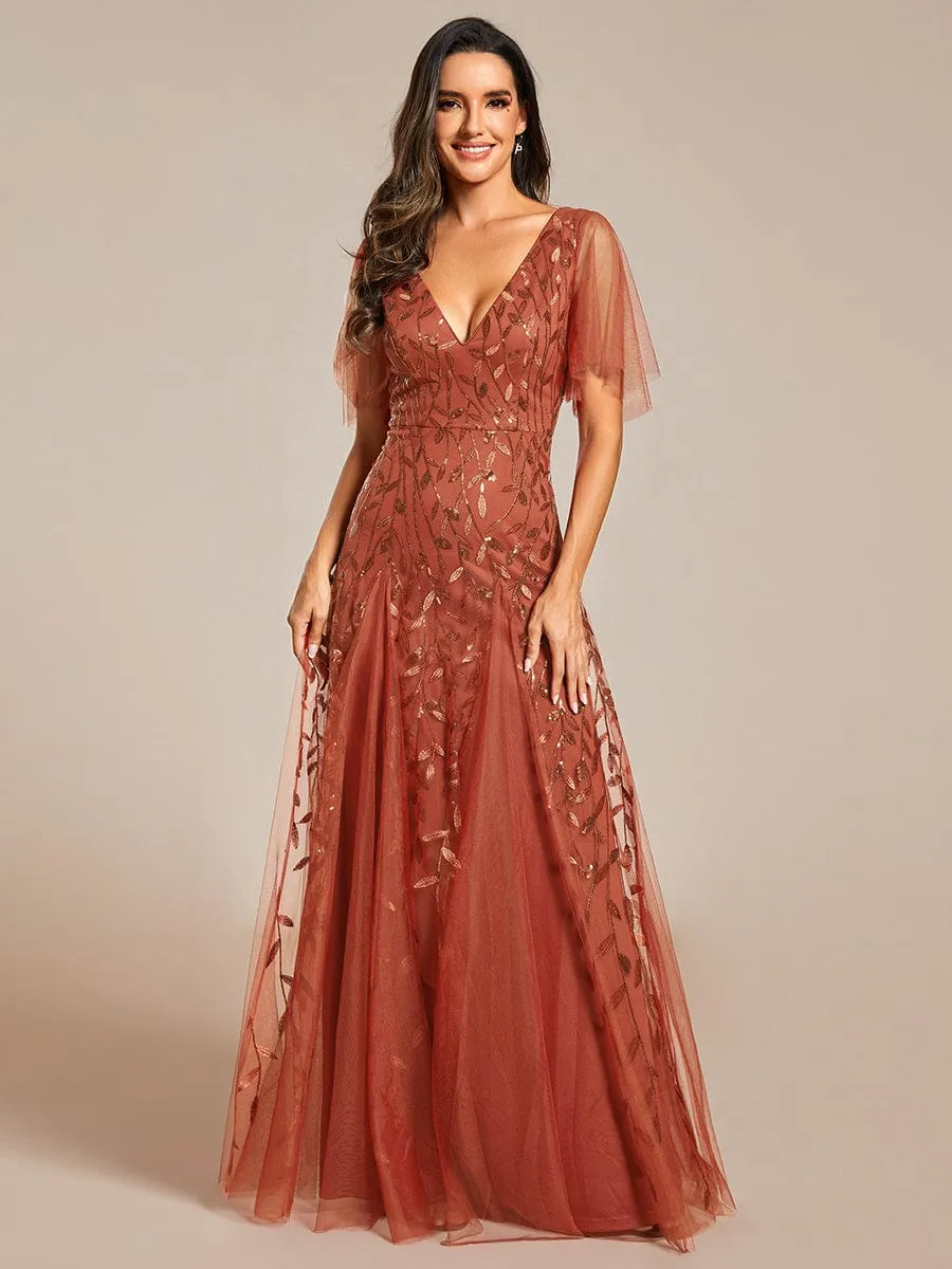 Ruffle Sleeves Leaf Sequin Maxi Bridesmaid Dress