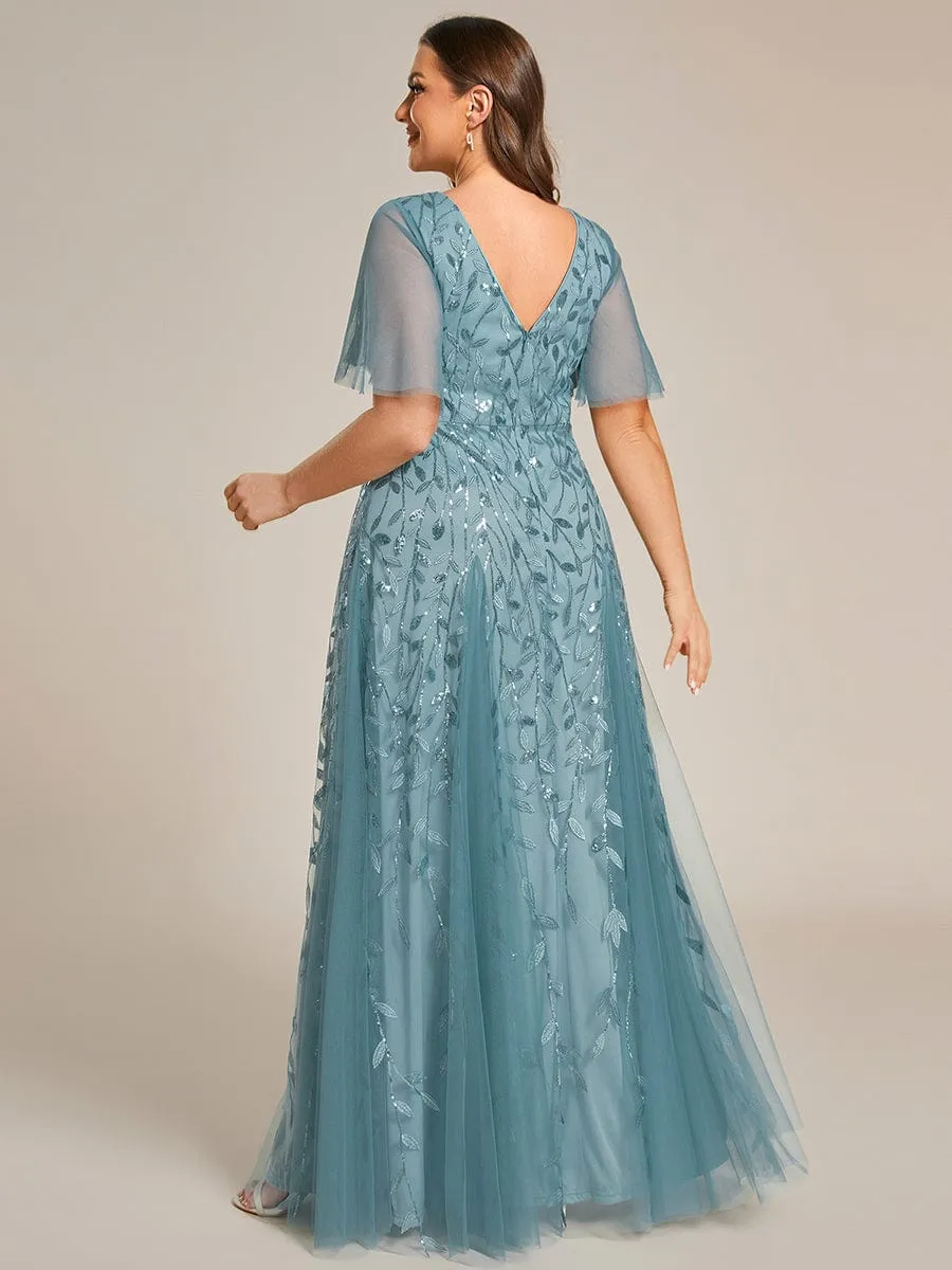 Ruffle Sleeves Leaf Sequin Maxi Bridesmaid Dress