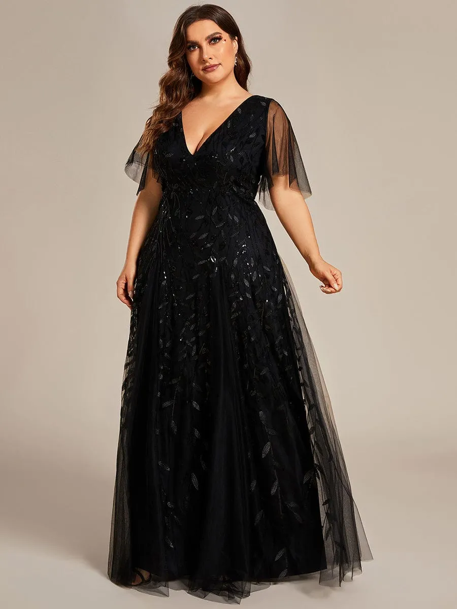 Ruffle Sleeves Leaf Sequin Maxi Bridesmaid Dress