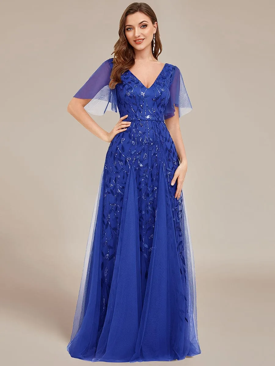 Ruffle Sleeves Leaf Sequin Maxi Bridesmaid Dress