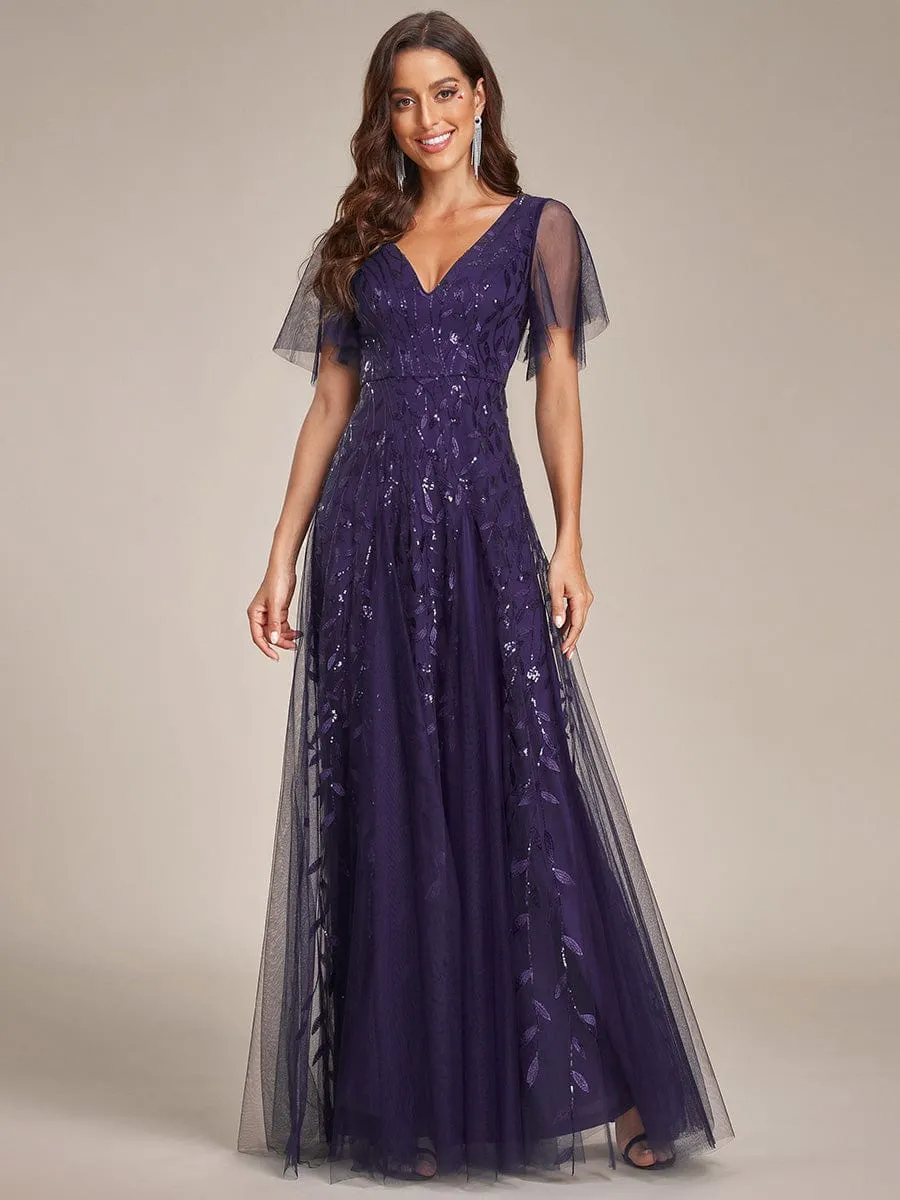 Ruffle Sleeves Leaf Sequin Maxi Bridesmaid Dress