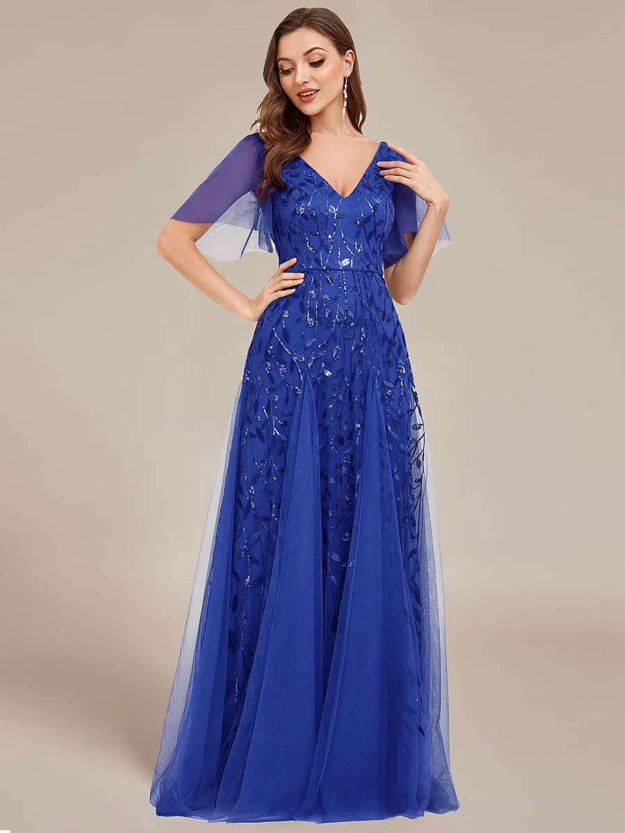 Ruffle Sleeves Leaf Sequin Maxi Bridesmaid Dress