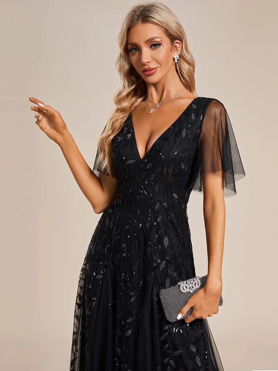 Ruffle Sleeves Leaf Sequin Maxi Bridesmaid Dress