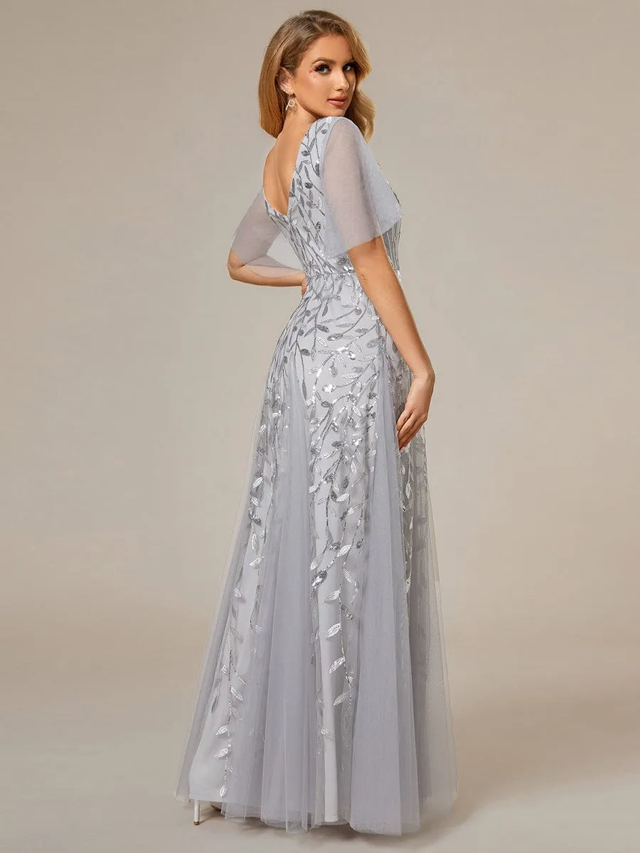 Ruffle Sleeves Leaf Sequin Maxi Bridesmaid Dress