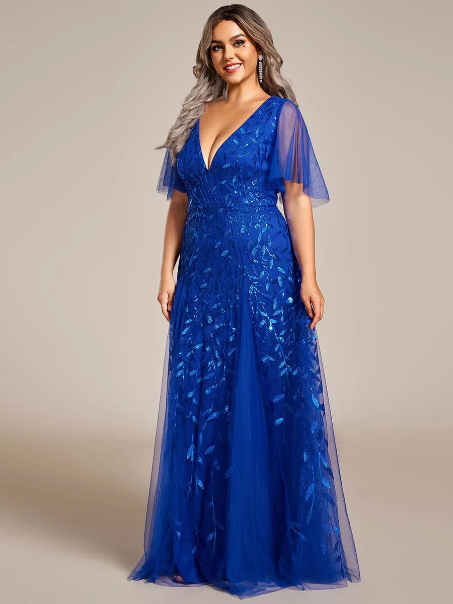 Ruffle Sleeves Leaf Sequin Maxi Bridesmaid Dress