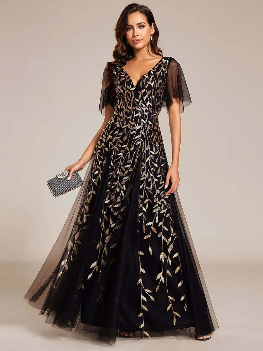 Ruffle Sleeves Leaf Sequin Maxi Bridesmaid Dress