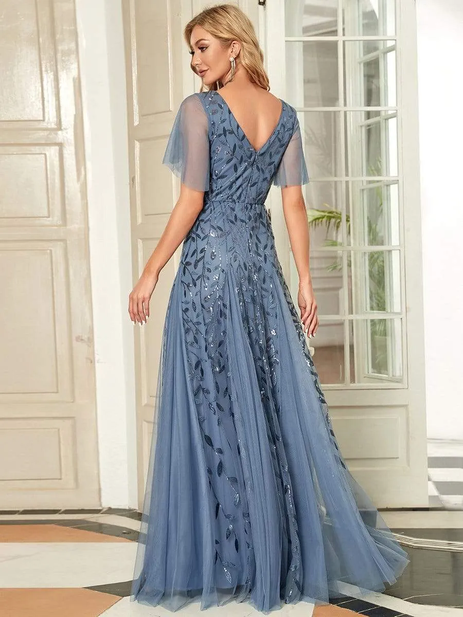 Ruffle Sleeves Leaf Sequin Maxi Bridesmaid Dress