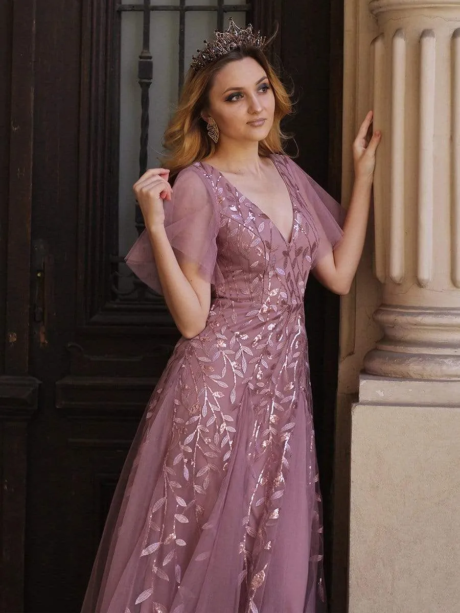 Ruffle Sleeves Leaf Sequin Maxi Bridesmaid Dress