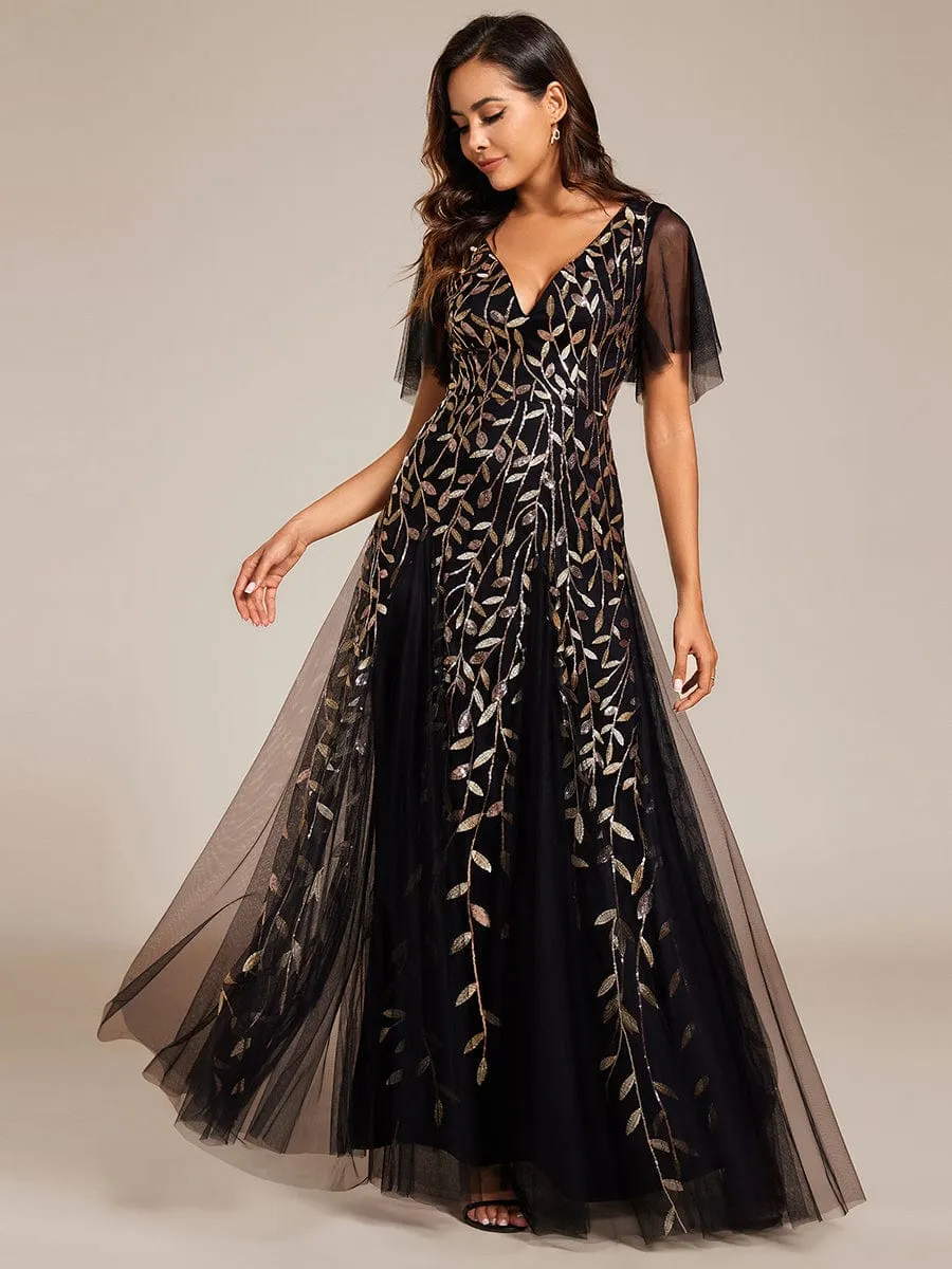 Ruffle Sleeves Leaf Sequin Maxi Bridesmaid Dress