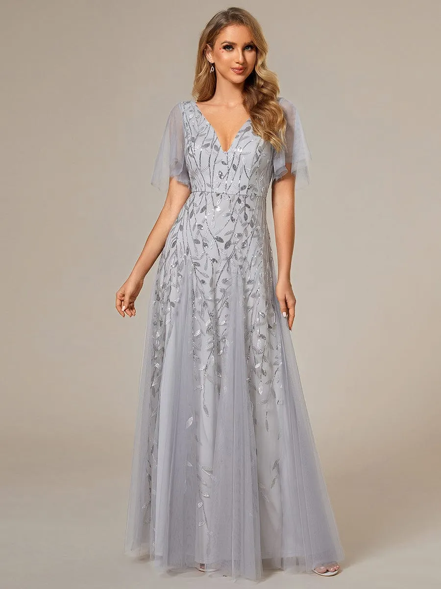 Ruffle Sleeves Leaf Sequin Maxi Bridesmaid Dress