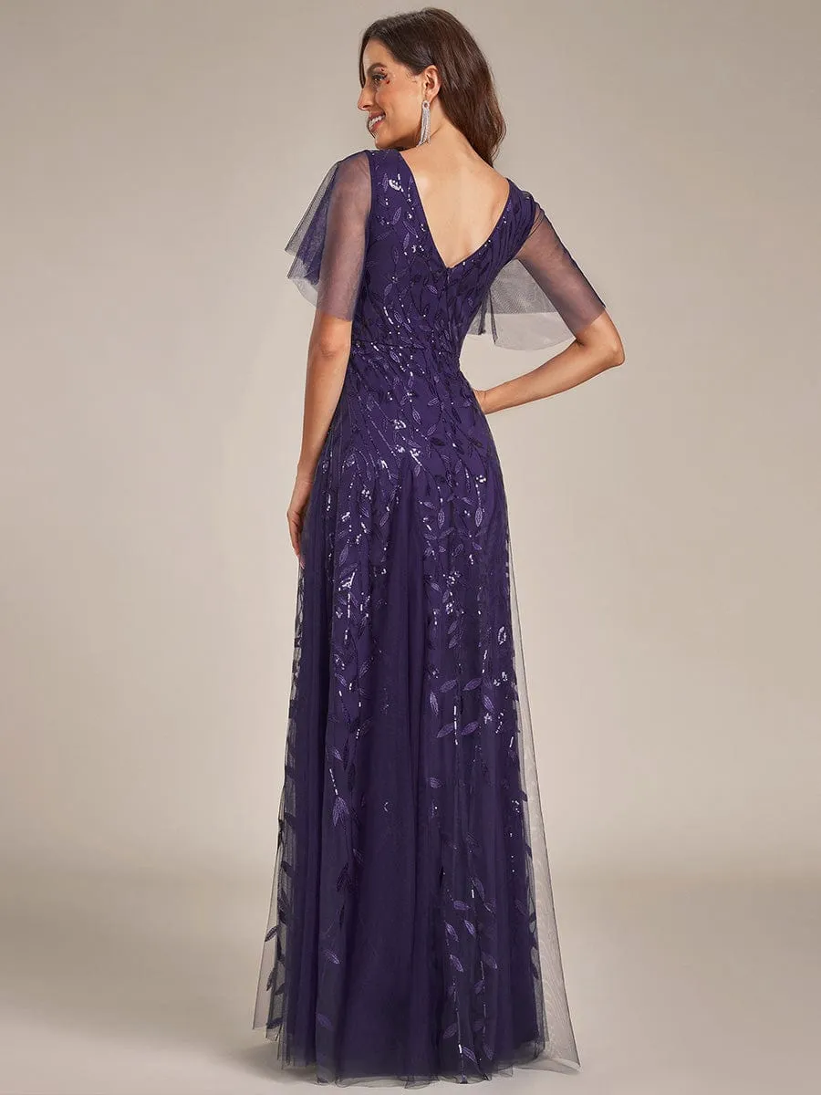 Ruffle Sleeves Leaf Sequin Maxi Bridesmaid Dress