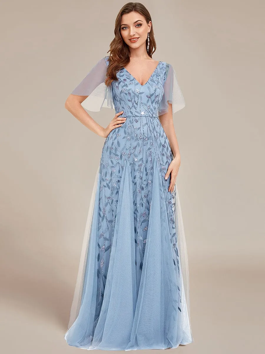 Ruffle Sleeves Leaf Sequin Maxi Bridesmaid Dress