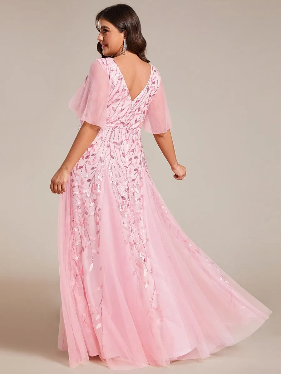 Ruffle Sleeves Leaf Sequin Maxi Bridesmaid Dress