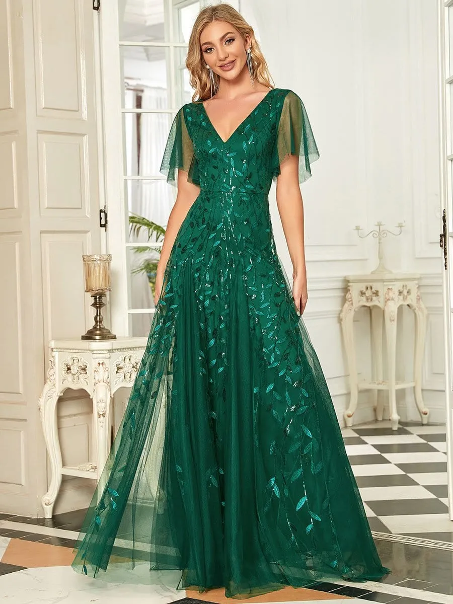 Ruffle Sleeves Leaf Sequin Maxi Bridesmaid Dress