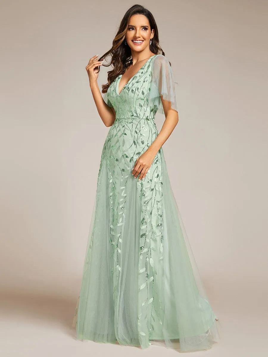 Ruffle Sleeves Leaf Sequin Maxi Bridesmaid Dress