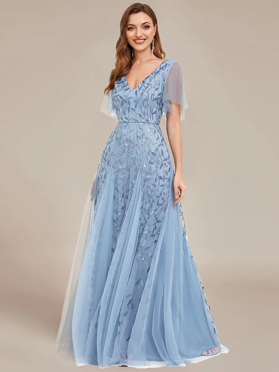 Ruffle Sleeves Leaf Sequin Maxi Bridesmaid Dress