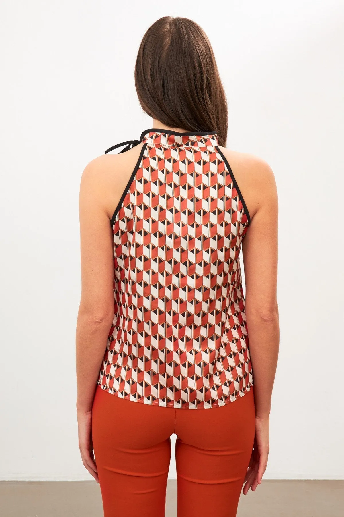 Setre Patterned Halter Neck Tie Detail Blouse Coral