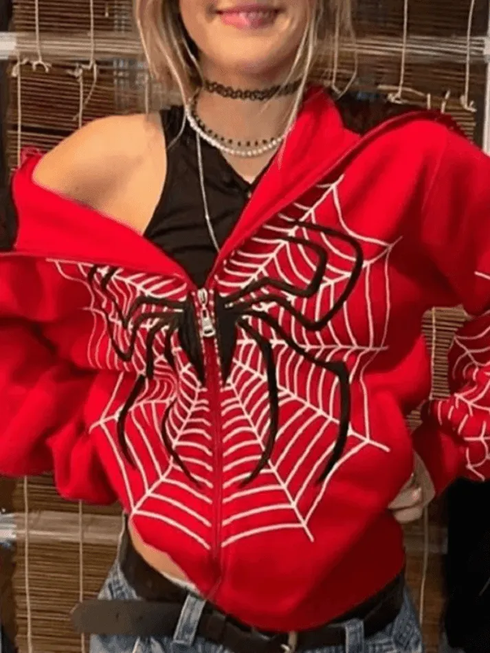 Spider Print Zip-Up Hoodie