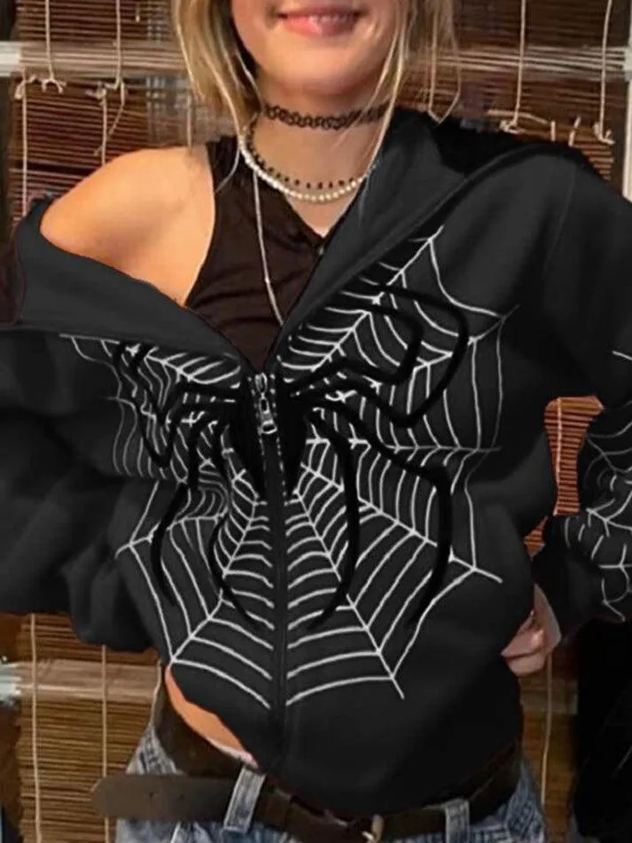 Spider Print Zip-Up Hoodie