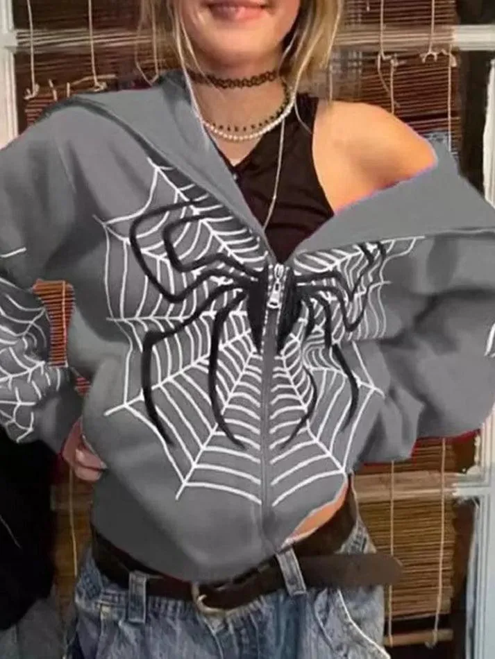 Spider Print Zip-Up Hoodie