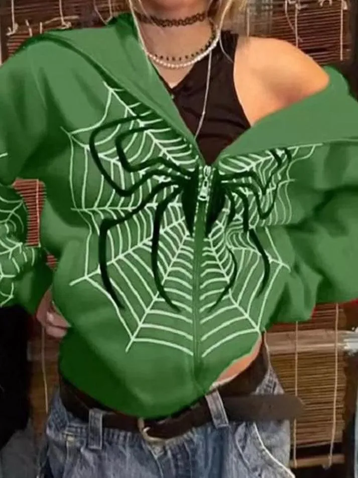 Spider Print Zip-Up Hoodie