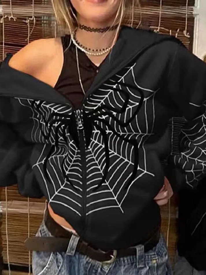 Spider Print Zip-Up Hoodie