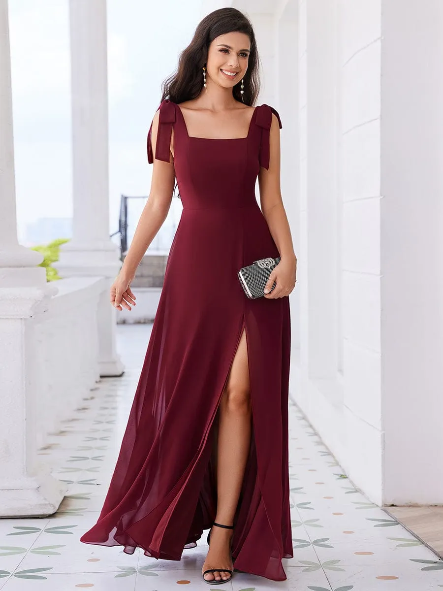 Square Neckline Chiffon Maxi Bridesmaid Dress with Bowknot and Slit