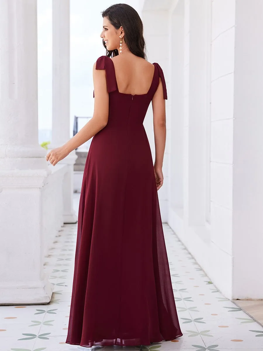 Square Neckline Chiffon Maxi Bridesmaid Dress with Bowknot and Slit