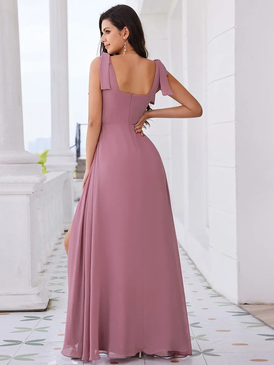 Square Neckline Chiffon Maxi Bridesmaid Dress with Bowknot and Slit