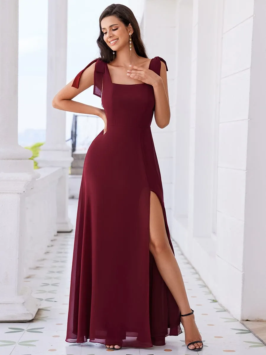 Square Neckline Chiffon Maxi Bridesmaid Dress with Bowknot and Slit