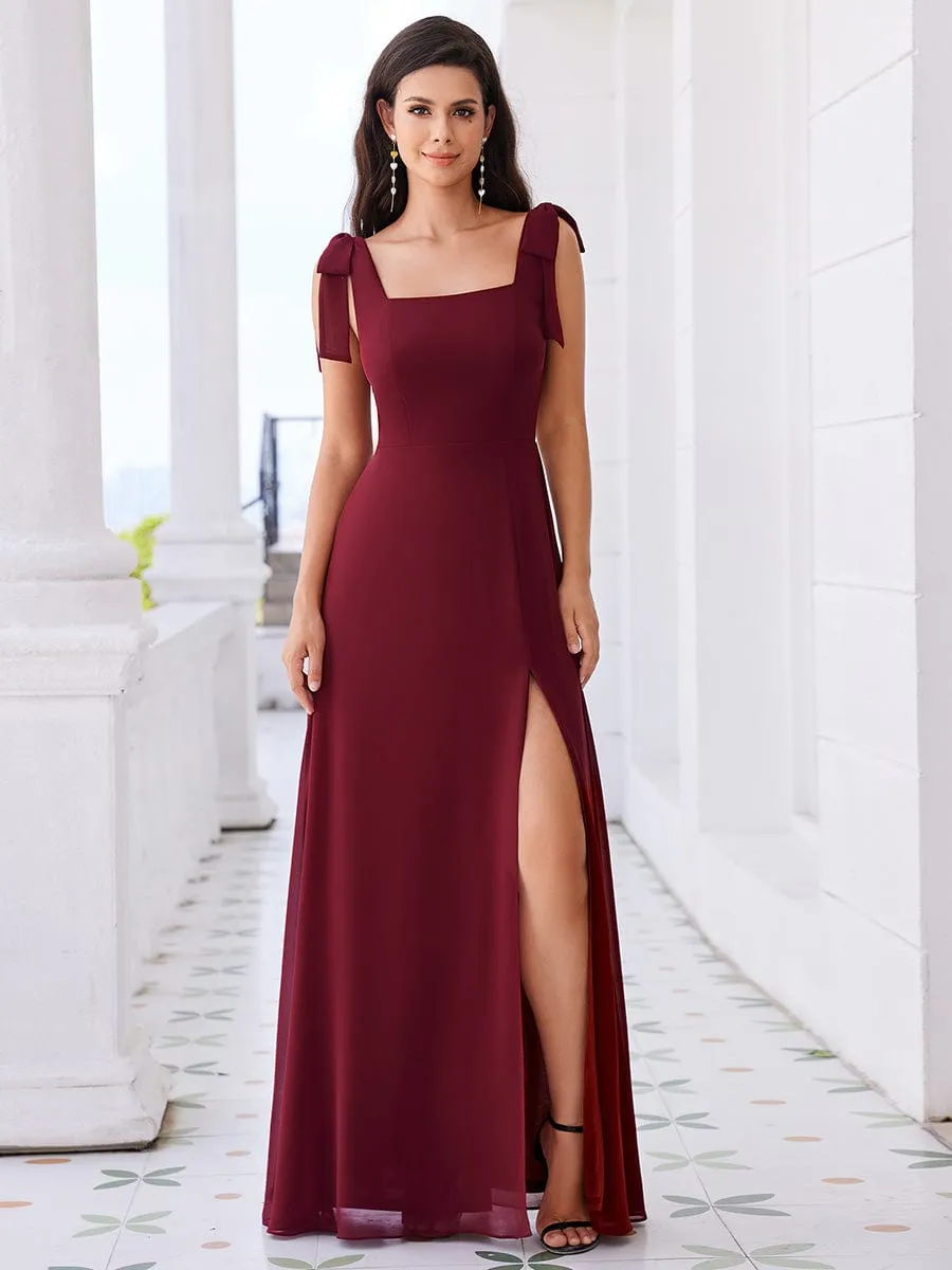 Square Neckline Chiffon Maxi Bridesmaid Dress with Bowknot and Slit