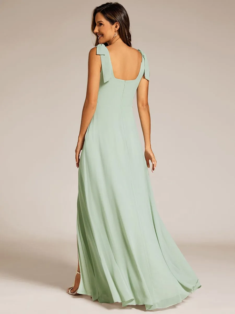 Square Neckline Chiffon Maxi Bridesmaid Dress with Bowknot and Slit