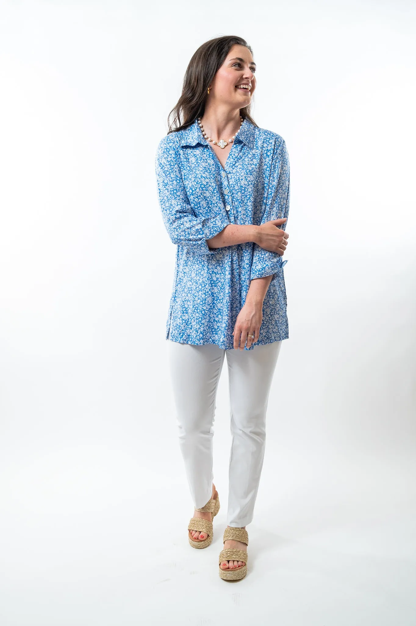 The Mason Button Back Top in Striking Blue Floral