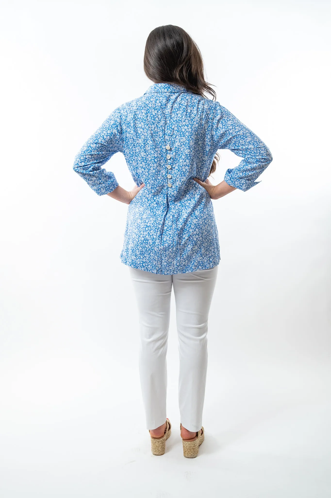 The Mason Button Back Top in Striking Blue Floral