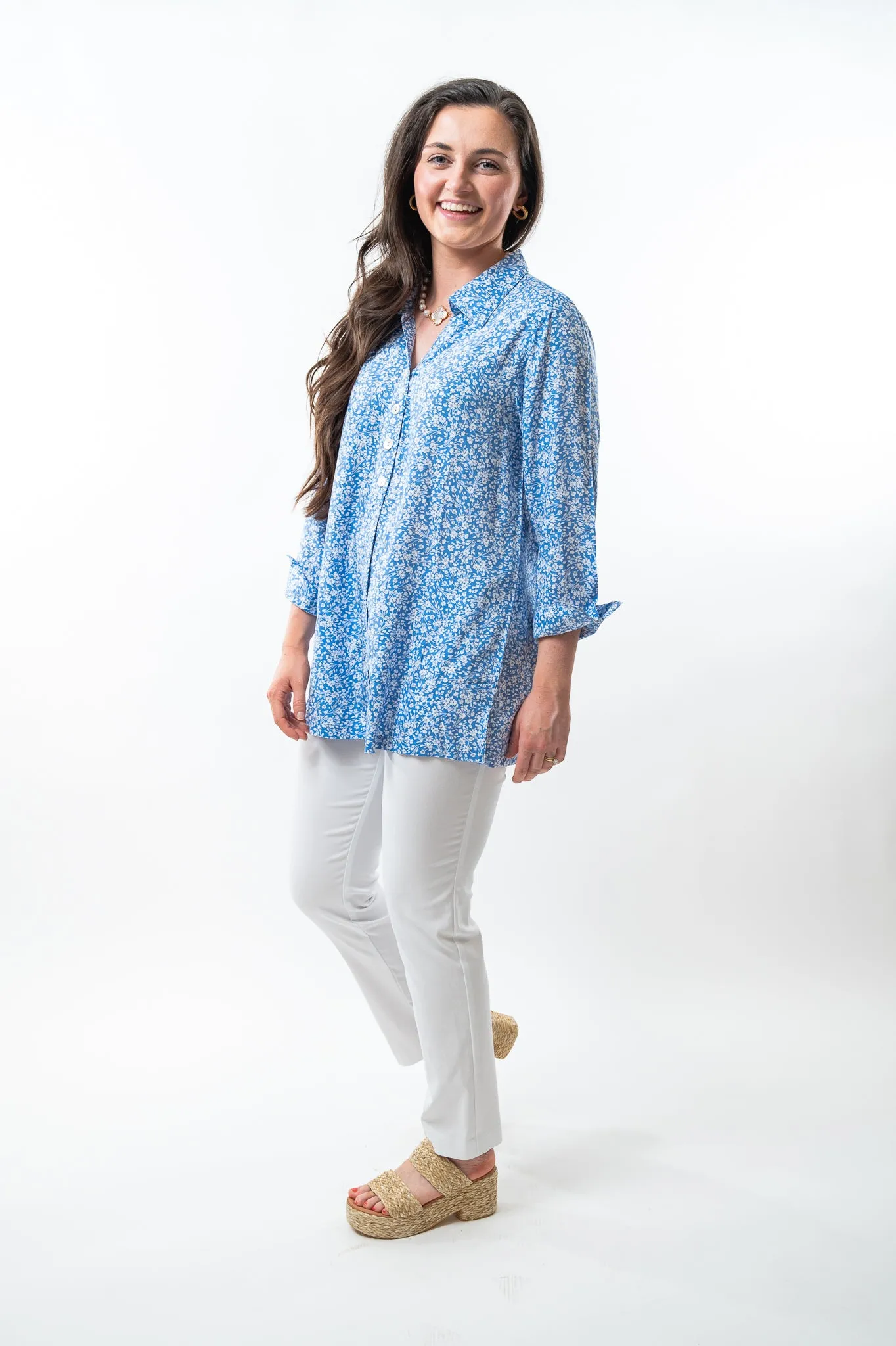 The Mason Button Back Top in Striking Blue Floral