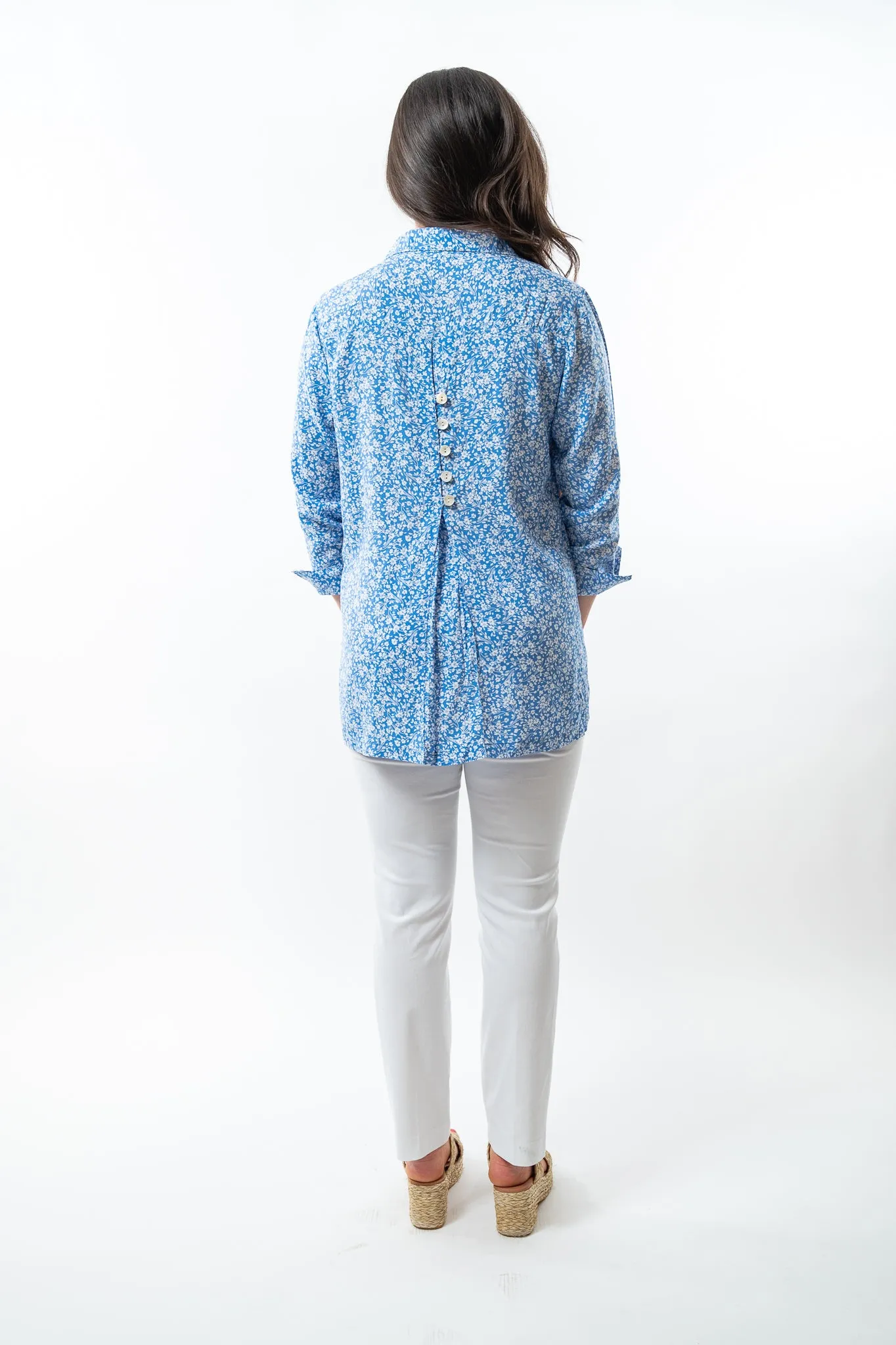 The Mason Button Back Top in Striking Blue Floral