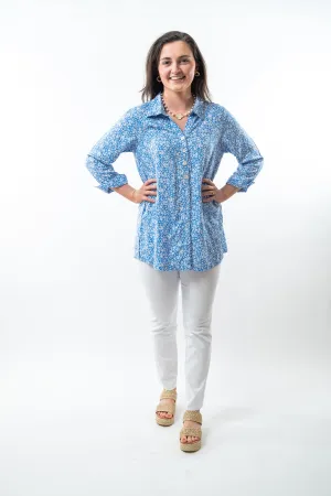 The Mason Button Back Top in Striking Blue Floral